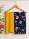 Elegant Navy Blue Floral Cotton Suit Set with Mustard Dupatta