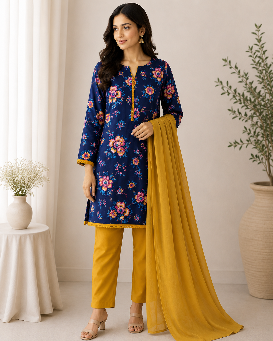 Elegant Navy Blue Floral Cotton Suit Set with Mustard Dupatta