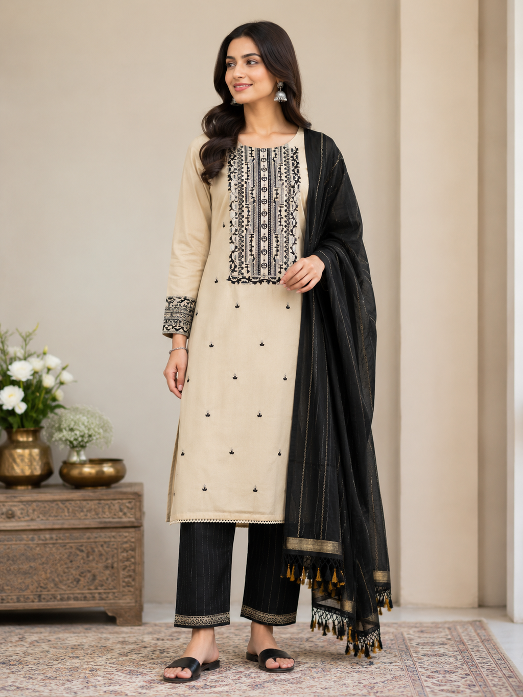 Elegant Black & Beige 3PC Unstitched Suit