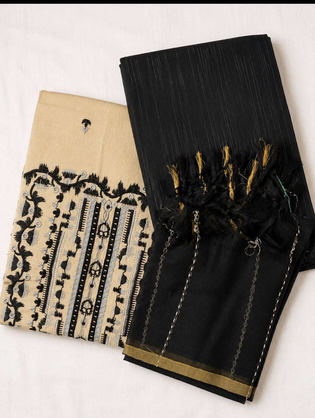 Elegant Black & Beige 3PC Unstitched Suit