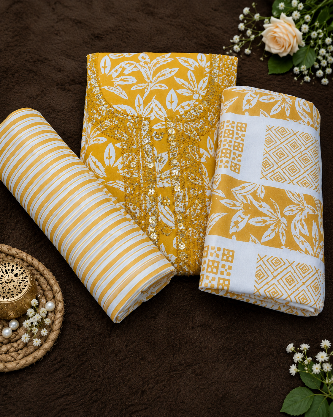 Yellow Printed Cotton Suit Set with Dupatta for Women