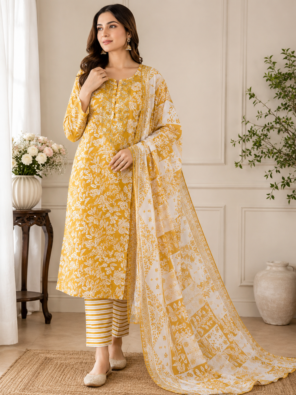 Yellow Printed Cotton Suit Set with Dupatta for Women