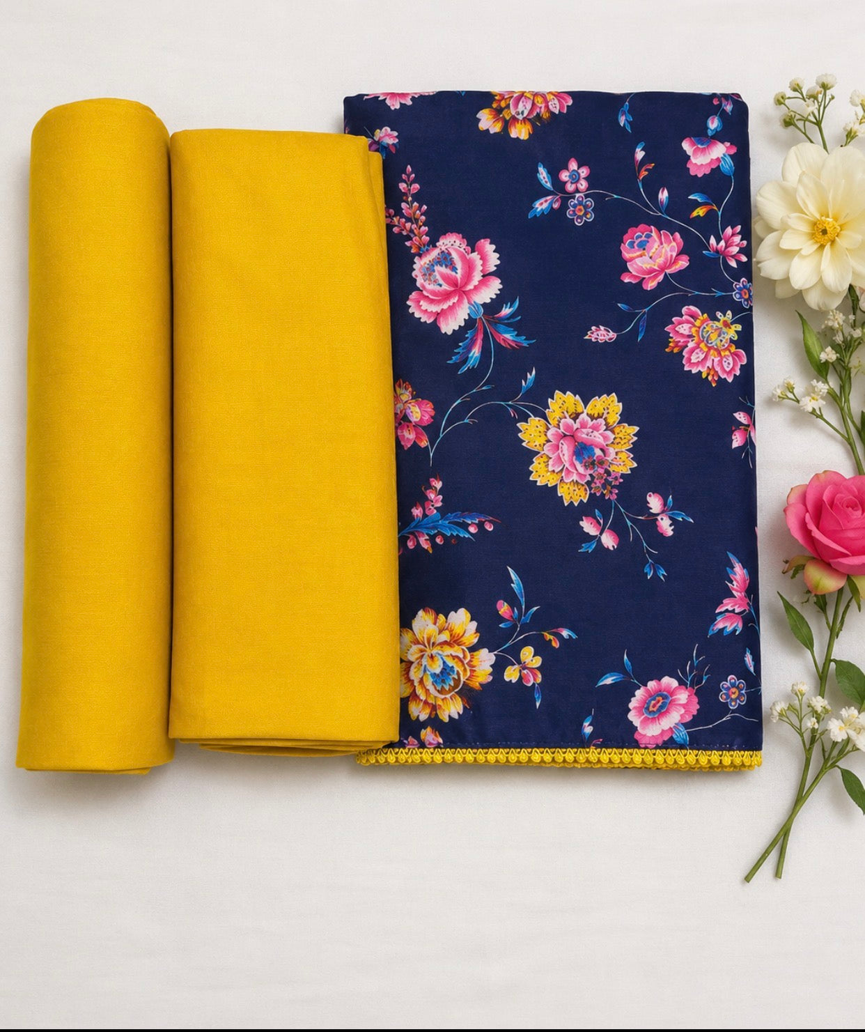 Elegant Navy Blue Floral Cotton Suit Set with Mustard Dupatta