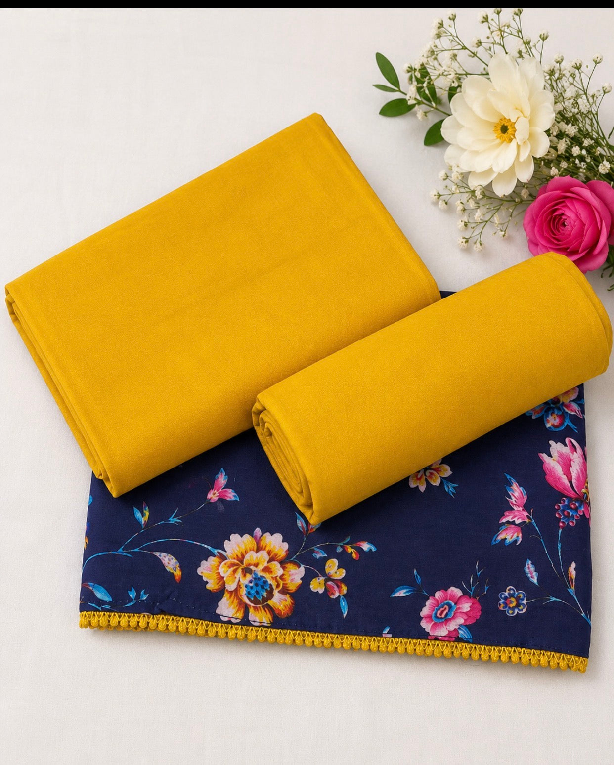 Elegant Navy Blue Floral Cotton Suit Set with Mustard Dupatta