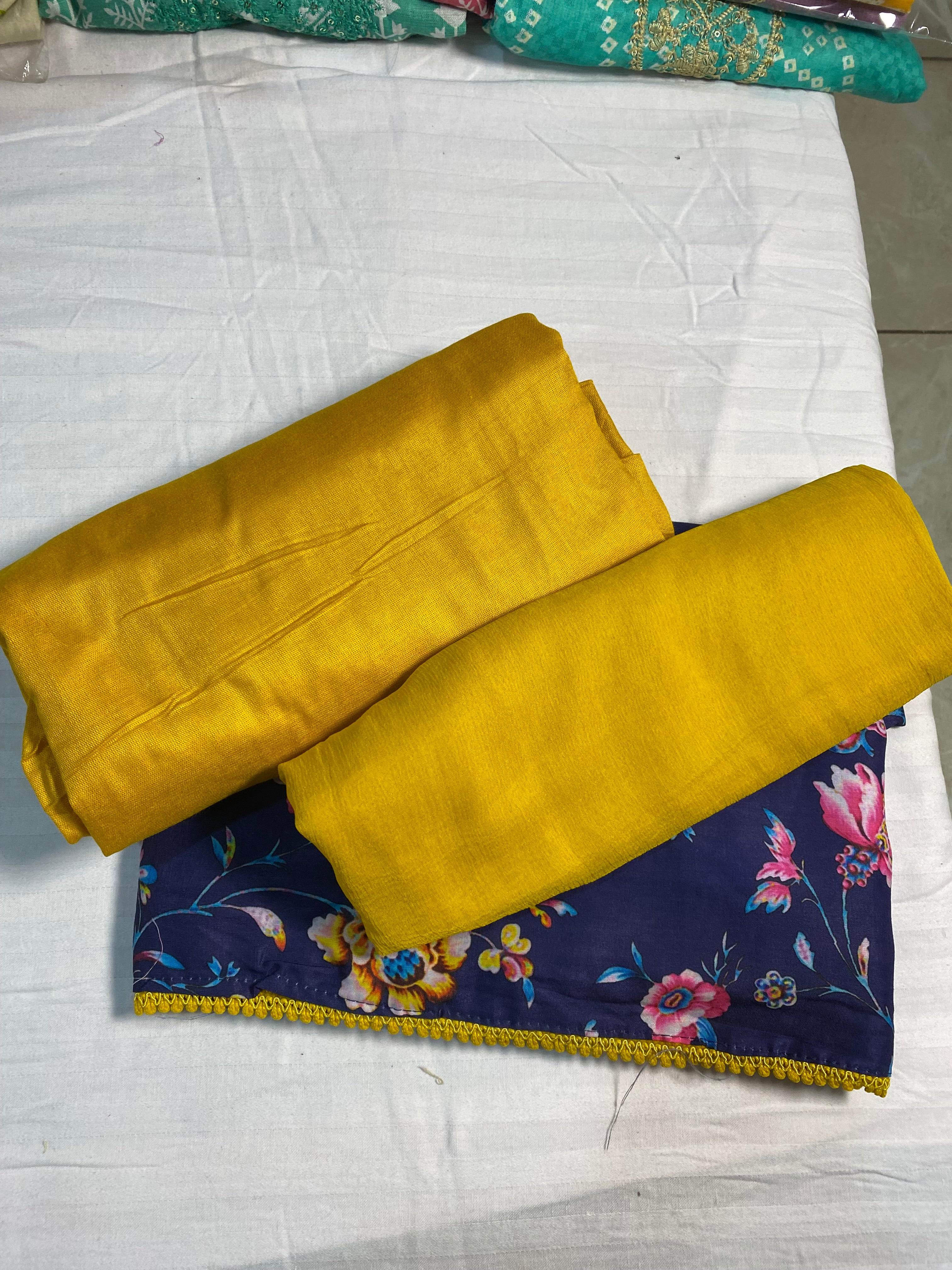 Elegant Navy Blue Floral Cotton Suit Set with Mustard Dupatta