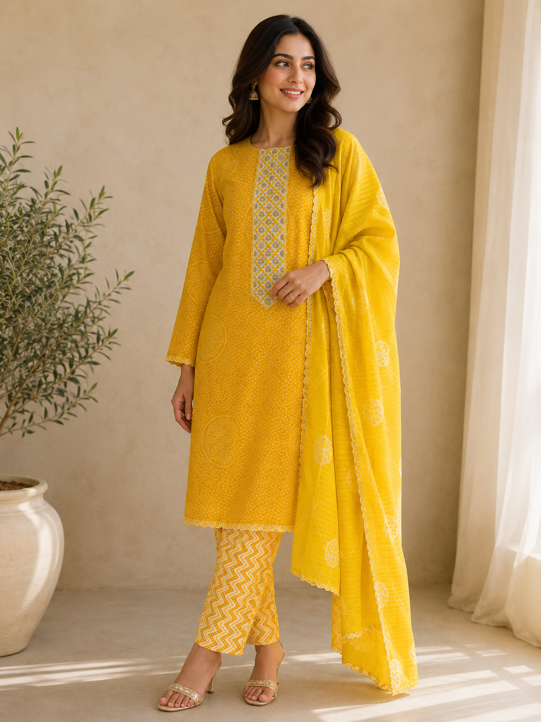 Elegant Mustard Yellow Cotton Suit Set with Dupatta