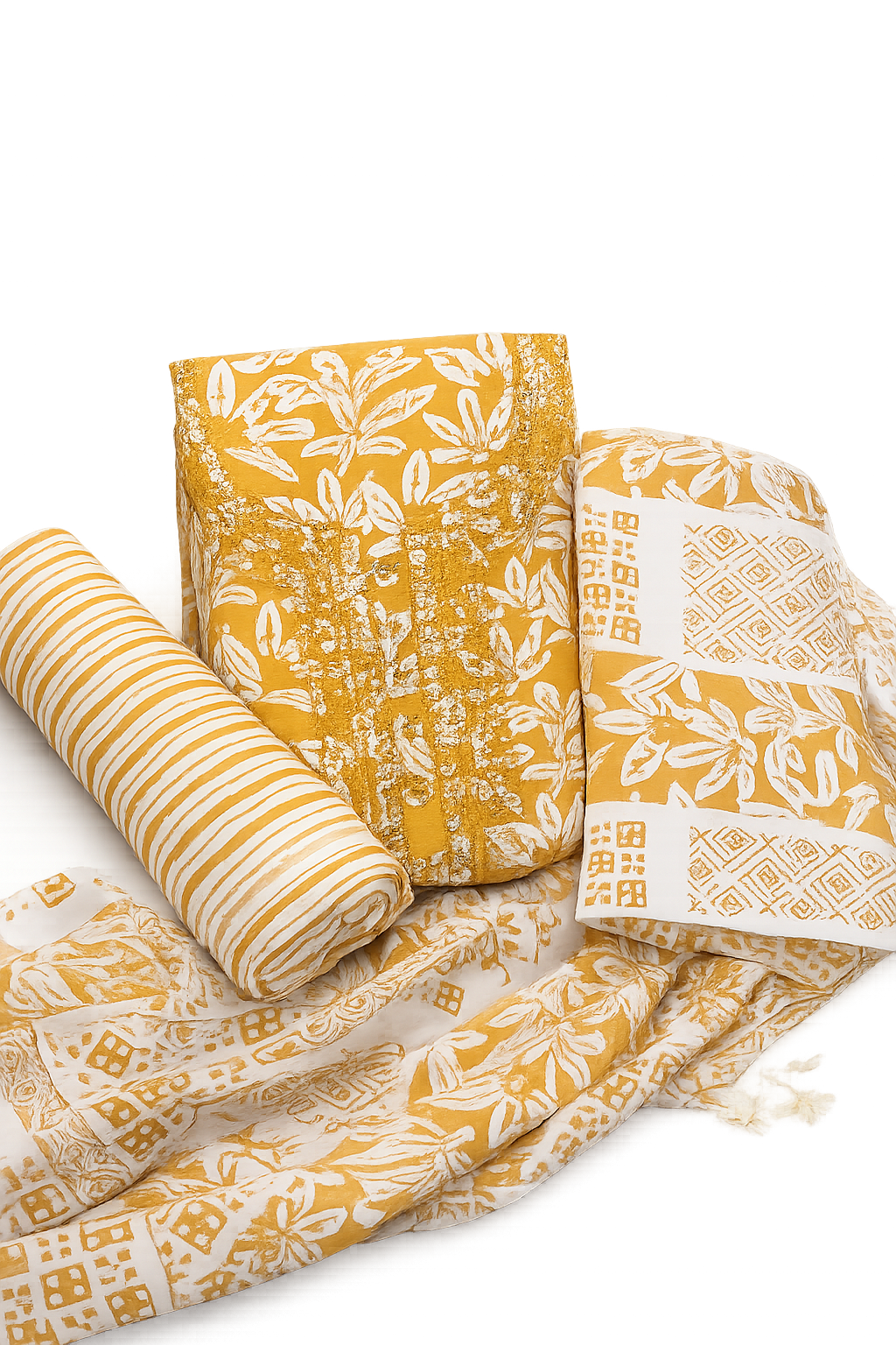Yellow Printed Cotton Suit Set with Dupatta for Women