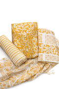 Yellow Printed Cotton Suit Set with Dupatta for Women