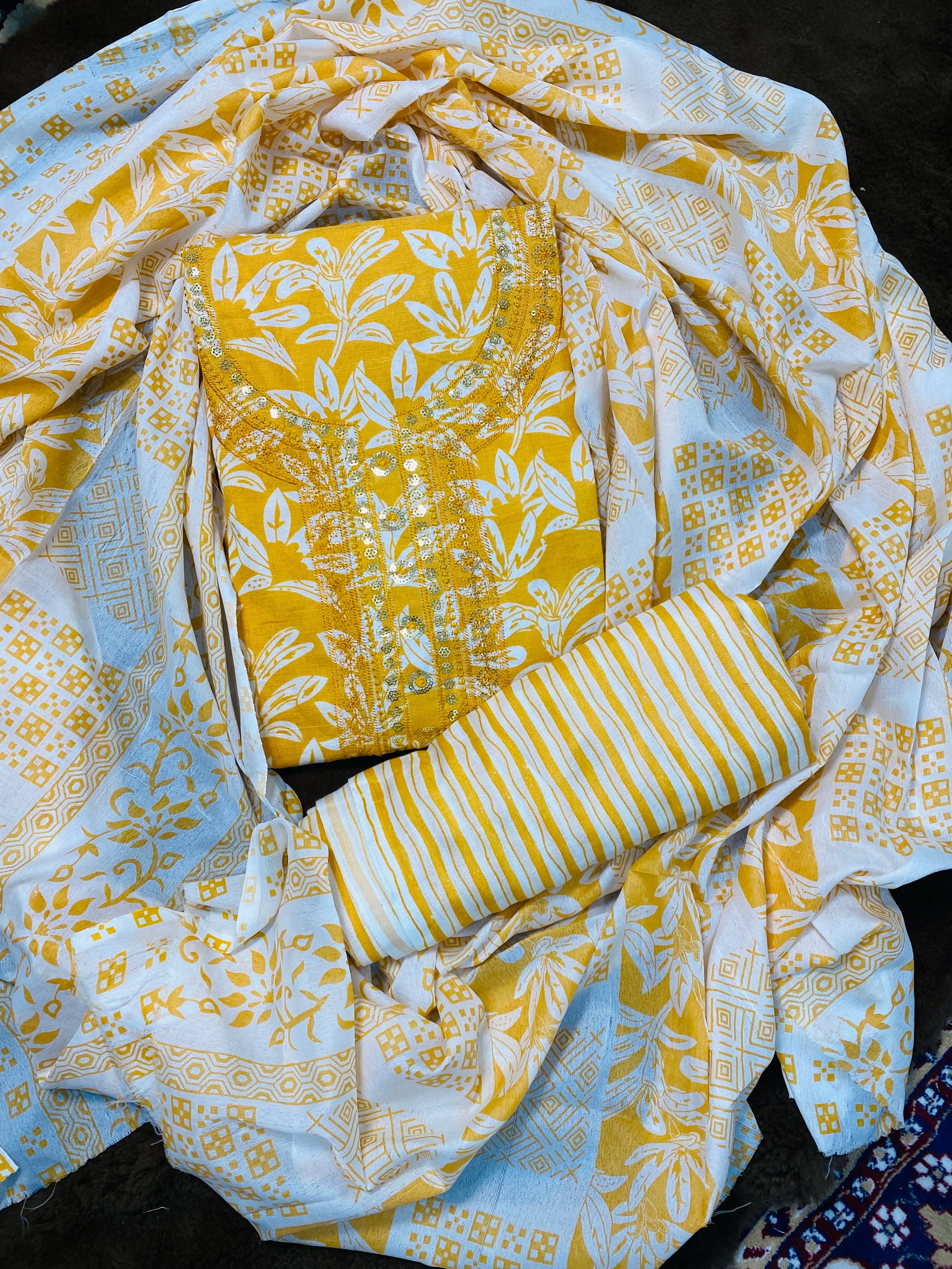 Yellow Printed Cotton Suit Set with Dupatta for Women