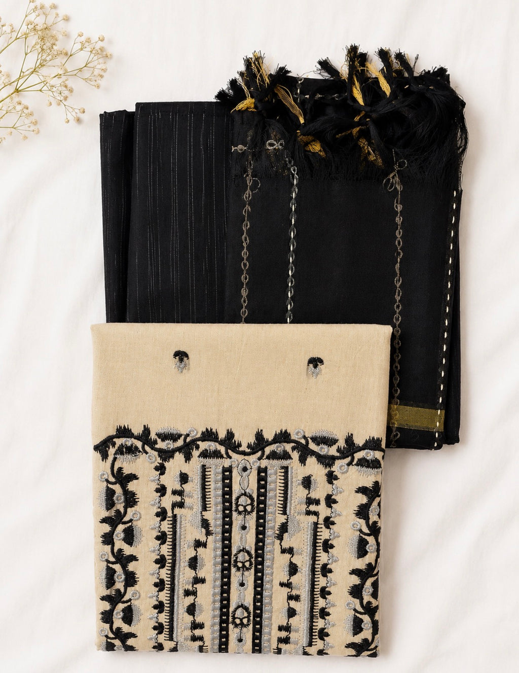 Elegant Black & Beige 3PC Unstitched Suit
