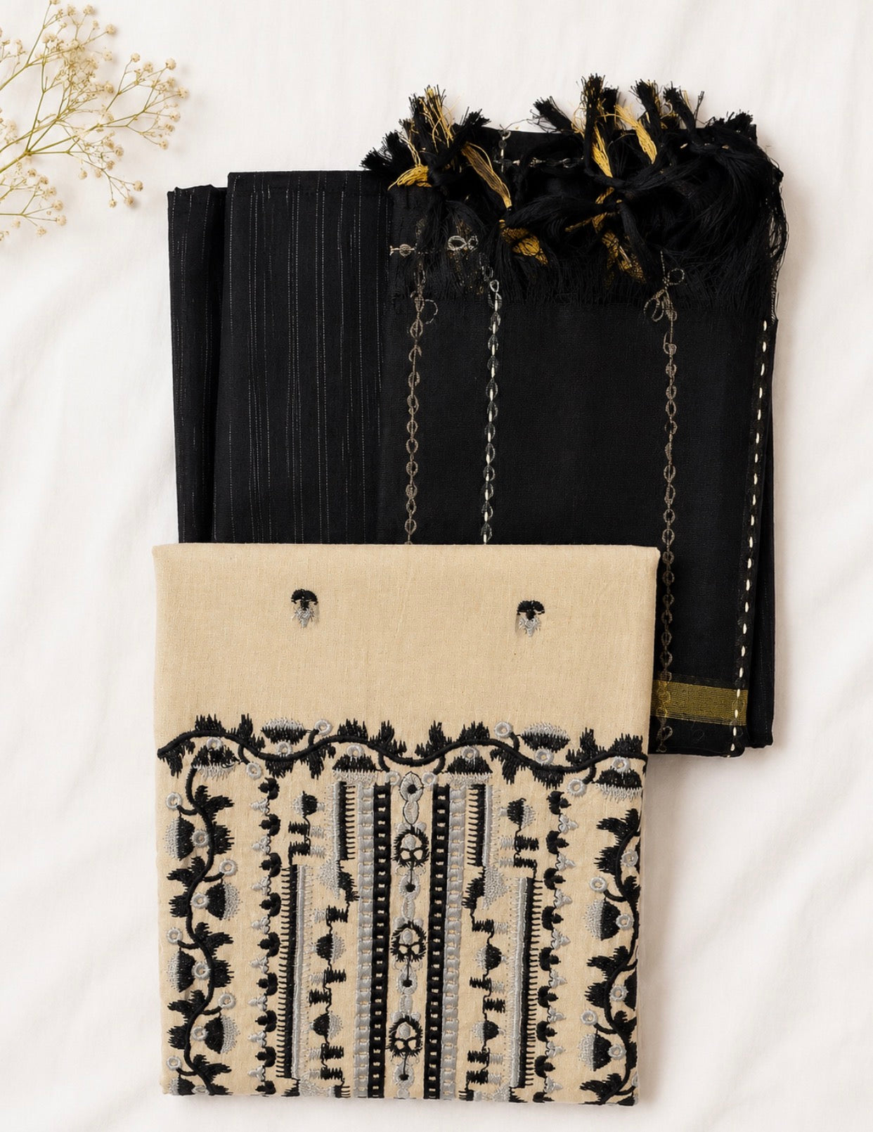 Elegant Black & Beige 3PC Unstitched Suit