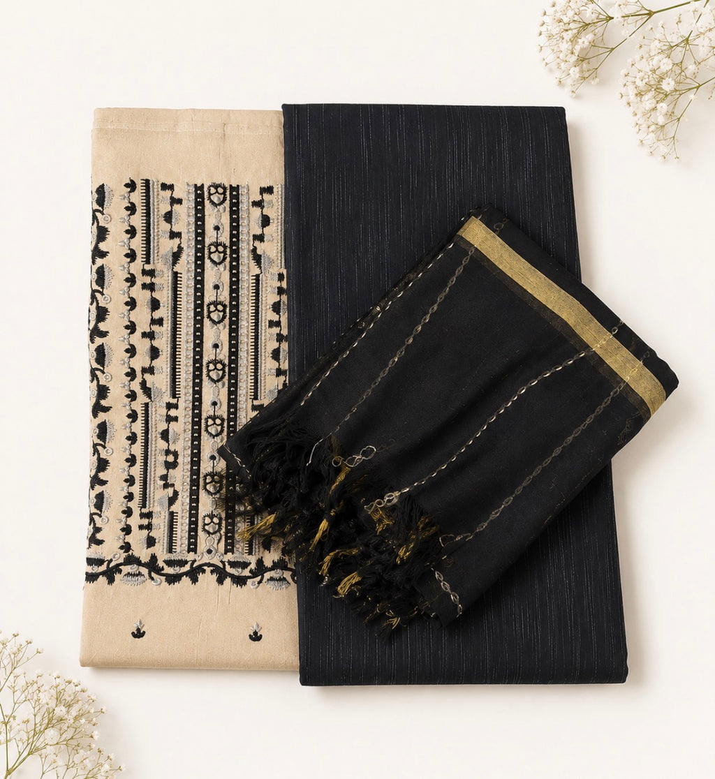 Elegant Black & Beige 3PC Unstitched Suit