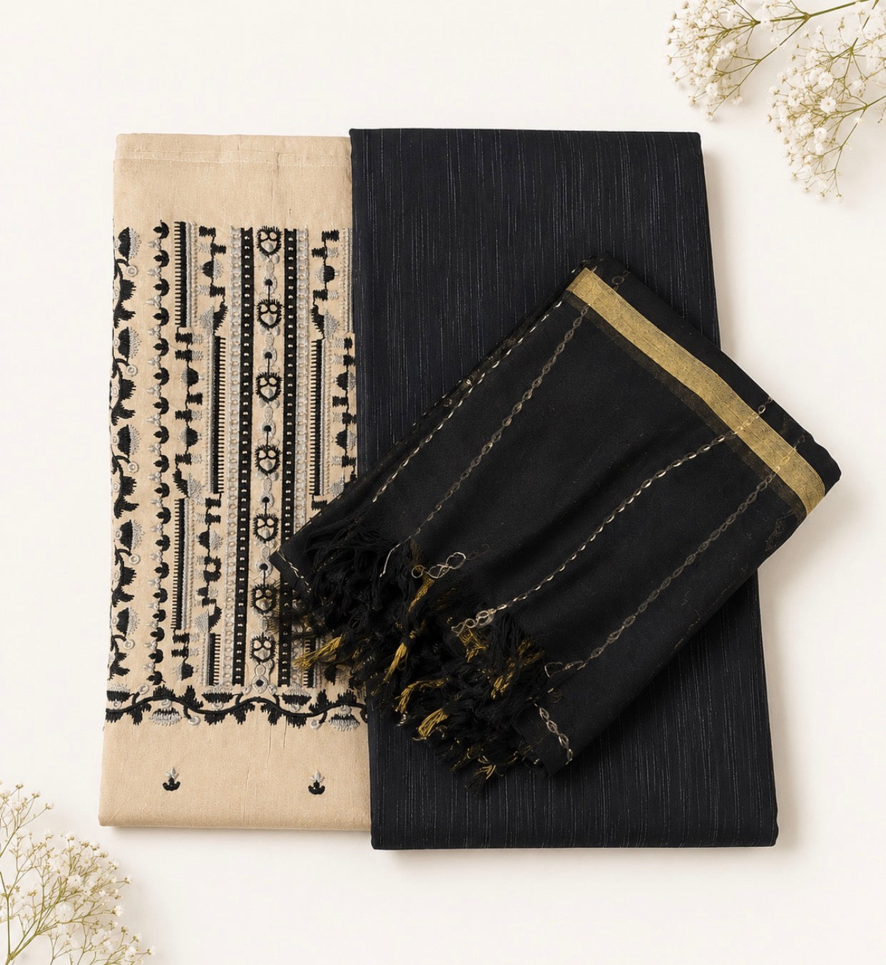 Elegant Black & Beige 3PC Unstitched Suit
