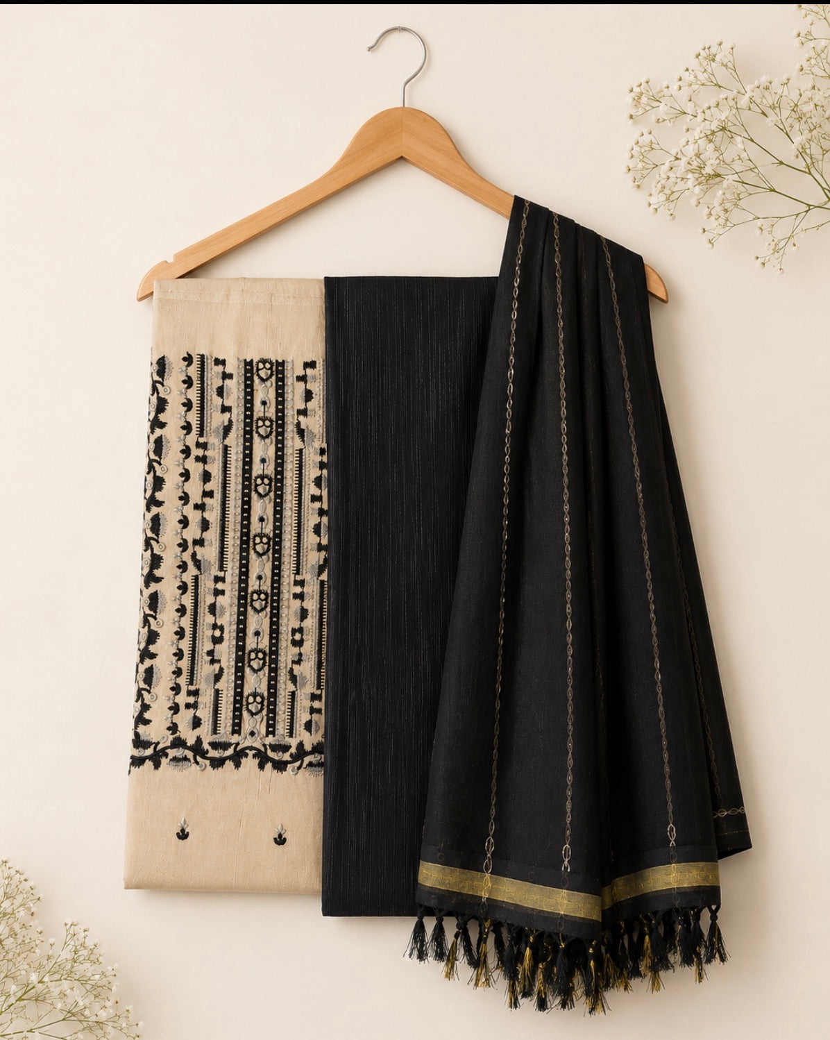 Elegant Black & Beige 3PC Unstitched Suit