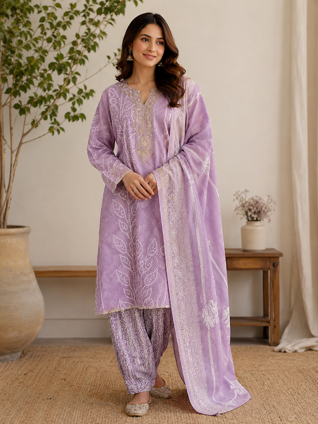 Lavender Luxe Neck Embroidery Cotton Suit Set With Cotton Dupatta