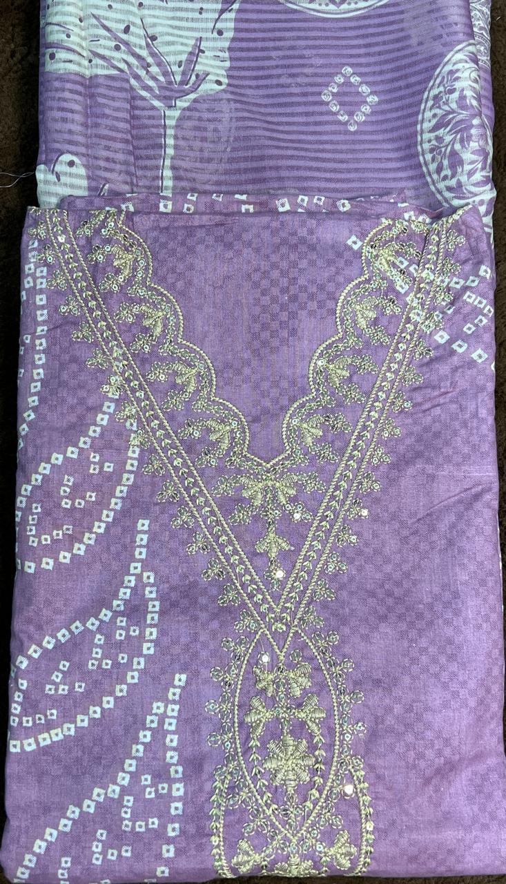 Lavender Luxe Neck Embroidery Cotton Suit Set With Cotton Dupatta