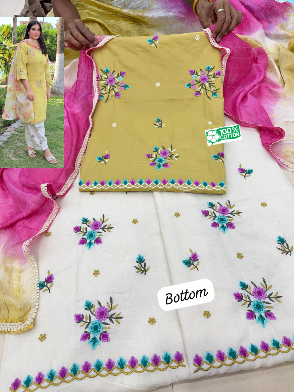 ♣️Shirt camric with embroidery with ghera cutwor
♣️Bottom kora cotton embroidery 
♣️Dupatta muslin double shade four side lace