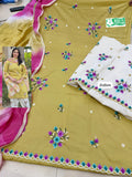 ♣️Shirt camric with embroidery with ghera cutwor
♣️Bottom kora cotton embroidery 
♣️Dupatta muslin double shade four side lace