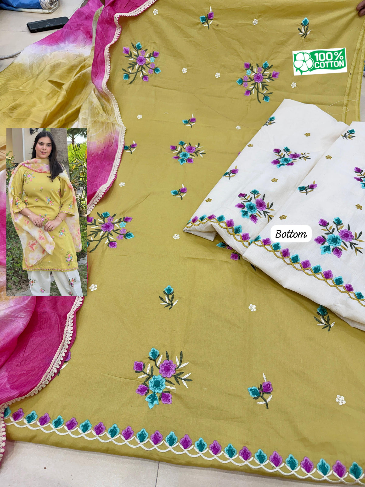 ♣️Shirt camric with embroidery with ghera cutwor
♣️Bottom kora cotton embroidery 
♣️Dupatta muslin double shade four side lace